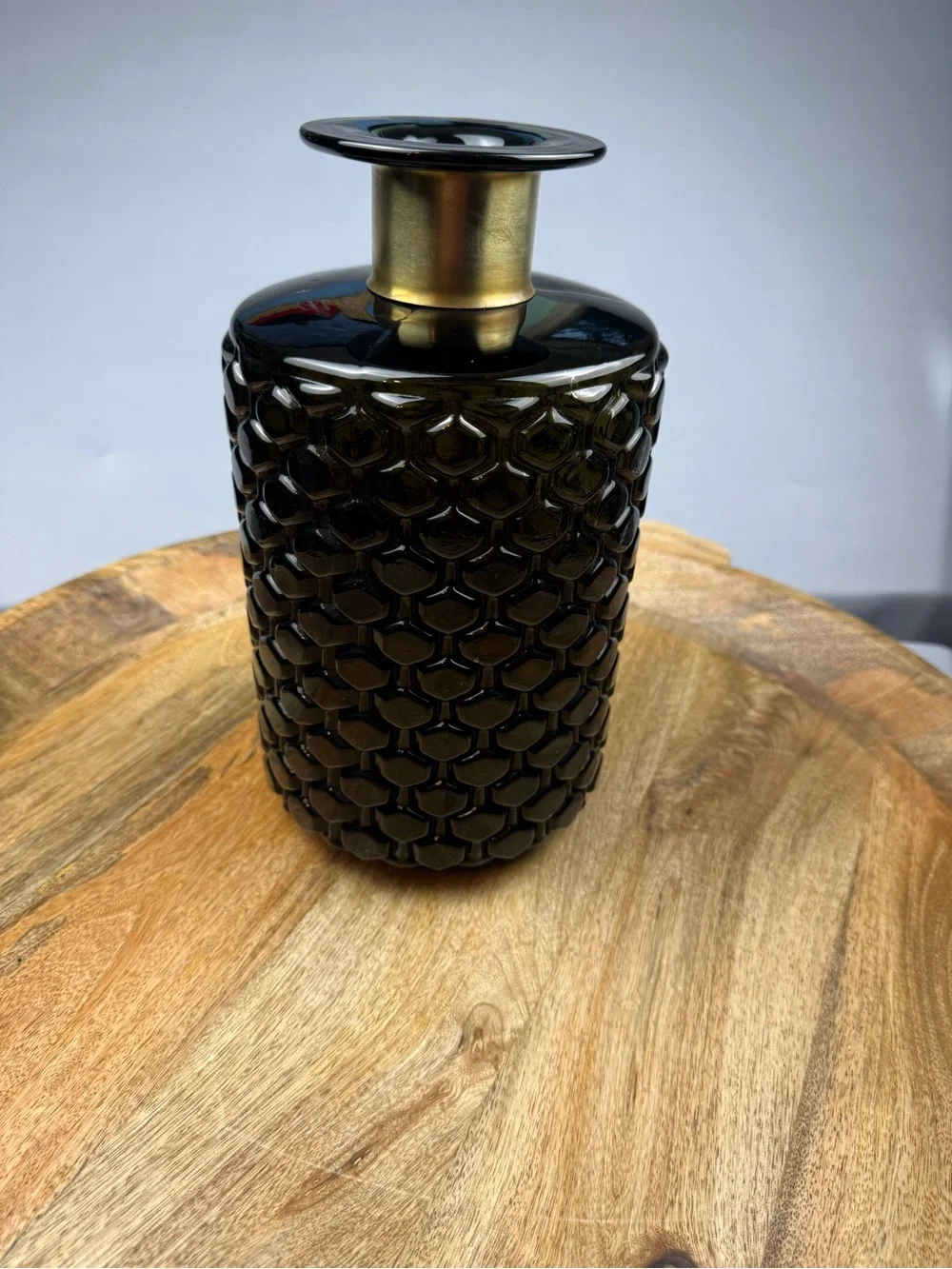 Vintage Black Honeycomb Glass Vase with Brass Collar MCM Decor
